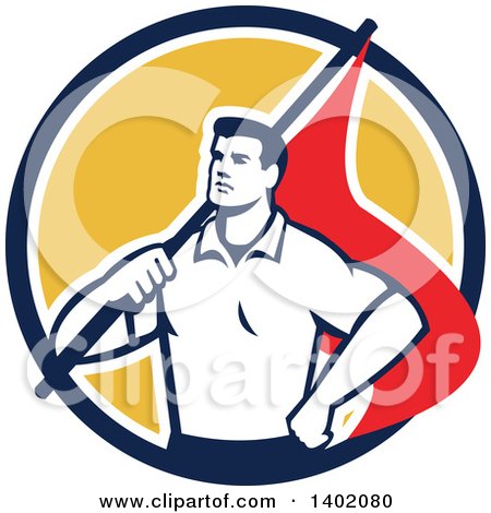 Clipart of a Retro Union Worker Man Holding a Flag over His Shoulder in a Blue White and Yellow Circle - Royalty Free Vector Illustration by patrimonio
