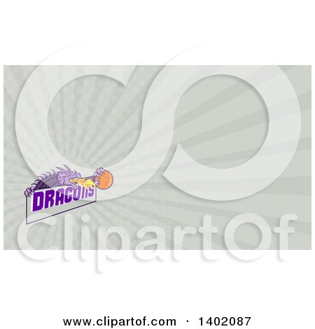 Clipart of a Retro Purple Fire Breathing Dragon Holding a Basketball over Text and Rays Background or Business Card Design - Royalty Free Illustration by patrimonio