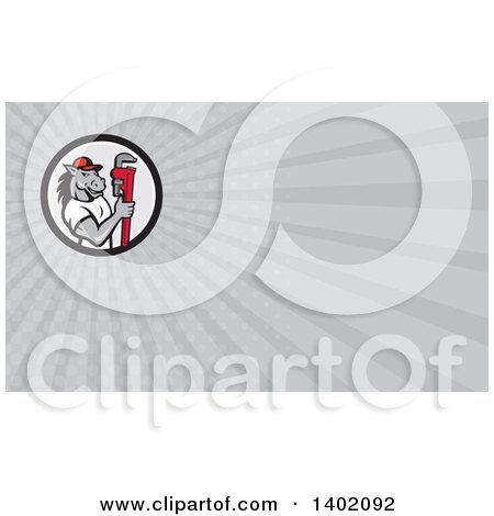 Clipart of a Cartoon Muscular Horse Man Plumber Holding a Monkey Wrench and Gray Rays Background or Business Card Design - Royalty Free Illustration by patrimonio