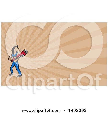 Clipart of a Cartoon Muscular Horse Man Plumber Holding a Monkey Wrench and Tan Rays Background or Business Card Design - Royalty Free Illustration by patrimonio