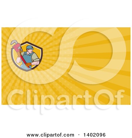 Clipart of a Retro Cartoon White Male Plumber Running and Holding a Giant Monkey Wrench and Yellow Rays Background or Business Card Design - Royalty Free Illustration by patrimonio