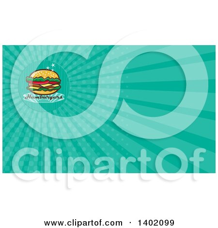Clipart of a Retro 1950s Cheeseburger and Text and Turquoise Rays Background or Business Card Design - Royalty Free Illustration by patrimonio
