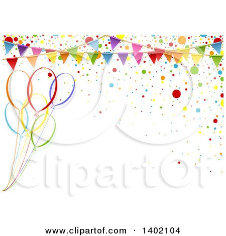 Clipart of a Horizontal Background of Colorful Party Balloons with Confetti and a Bunting - Royalty Free Vector Illustration by dero
