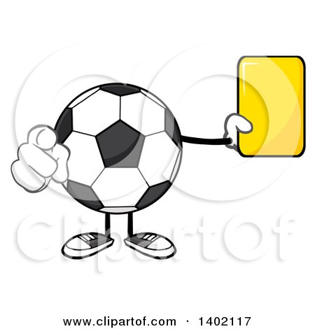 Clipart of a Cartoon Faceless Soccer Ball Mascot Character Referee Pointing and Holding a Yellow Card - Royalty Free Vector Illustration by Hit Toon