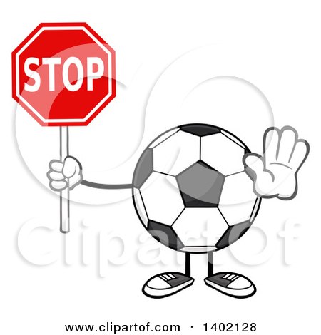 Clipart of a Cartoon Faceless Soccer Ball Mascot Character Holding a Stop Sign - Royalty Free Vector Illustration by Hit Toon