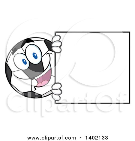Clipart of a Cartoon Soccer Ball Mascot Character Looking Around a Blank Sign - Royalty Free Vector Illustration by Hit Toon