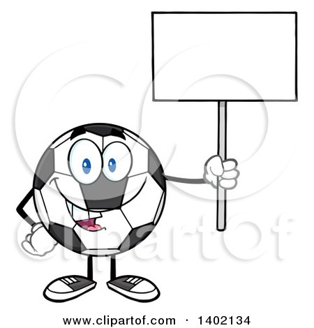 Clipart of a Cartoon Soccer Ball Mascot Character Holding up a Blank Sign - Royalty Free Vector Illustration by Hit Toon