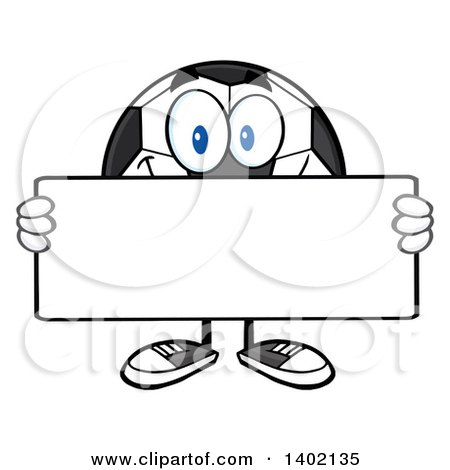 Clipart of a Cartoon Soccer Ball Mascot Character Holding a Blank Sign - Royalty Free Vector Illustration by Hit Toon