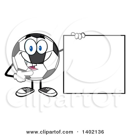 Clipart of a Cartoon Soccer Ball Mascot Character Pointing to a Blank Sign - Royalty Free Vector Illustration by Hit Toon
