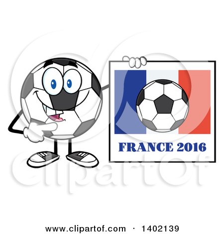 Clipart of a Cartoon Soccer Ball Mascot Character Pointing to a France 2016 Sign - Royalty Free Vector Illustration by Hit Toon