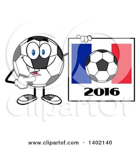 Clipart of a Cartoon Soccer Ball Mascot Character Pointing to a France 2016 Sign - Royalty Free Vector Illustration by Hit Toon
