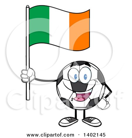 Clipart of a Cartoon Soccer Ball Mascot Character Holding an Irish Flag - Royalty Free Vector Illustration by Hit Toon