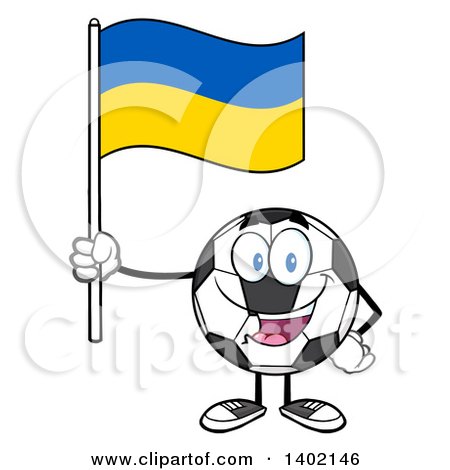 Clipart of a Cartoon Soccer Ball Mascot Character Holding a Ukrainian Flag - Royalty Free Vector Illustration by Hit Toon