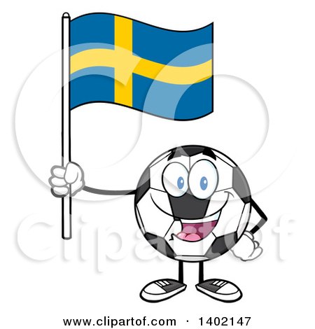 Clipart of a Cartoon Soccer Ball Mascot Character Holding a Swedish Flag - Royalty Free Vector Illustration by Hit Toon