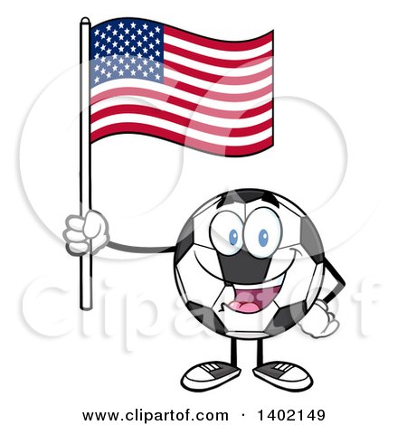 Clipart of a Cartoon Soccer Ball Mascot Character Holding an American Flag - Royalty Free Vector Illustration by Hit Toon