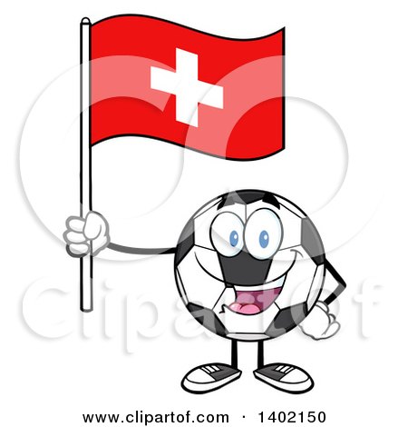 Clipart of a Cartoon Soccer Ball Mascot Character Holding a Swiss Flag - Royalty Free Vector Illustration by Hit Toon