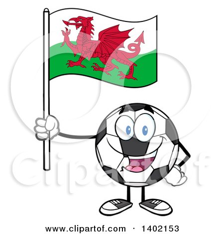 Clipart of a Cartoon Soccer Ball Mascot Character Holding a Wales Flag - Royalty Free Vector Illustration by Hit Toon