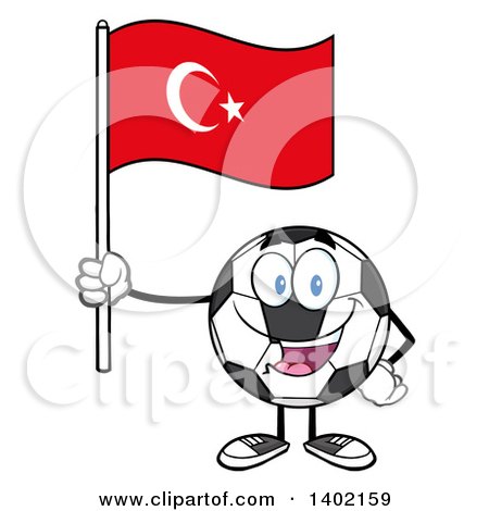Clipart of a Cartoon Soccer Ball Mascot Character Holding a Turkish Flag - Royalty Free Vector Illustration by Hit Toon