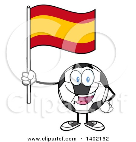 Clipart of a Cartoon Soccer Ball Mascot Character Holding a Spanish Flag - Royalty Free Vector Illustration by Hit Toon