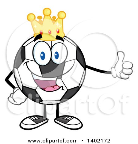 Clipart of a Cartoon Soccer Ball Mascot Character Wearing a Crown and Giving a Thumb up - Royalty Free Vector Illustration by Hit Toon