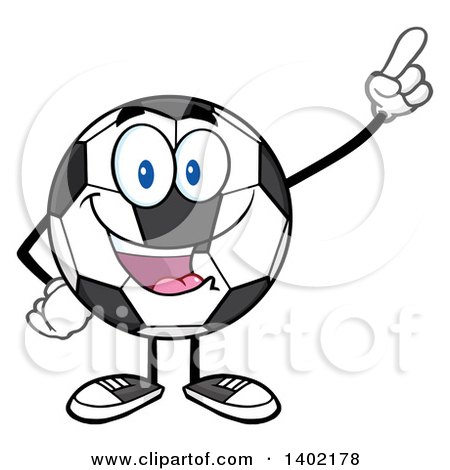 Clipart of a Cartoon Soccer Ball Mascot Character Pointing or Holding up a Finger - Royalty Free Vector Illustration by Hit Toon