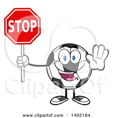 Clipart of a Cartoon Soccer Ball Mascot Character Holding a Stop Sign - Royalty Free Vector Illustration by Hit Toon
