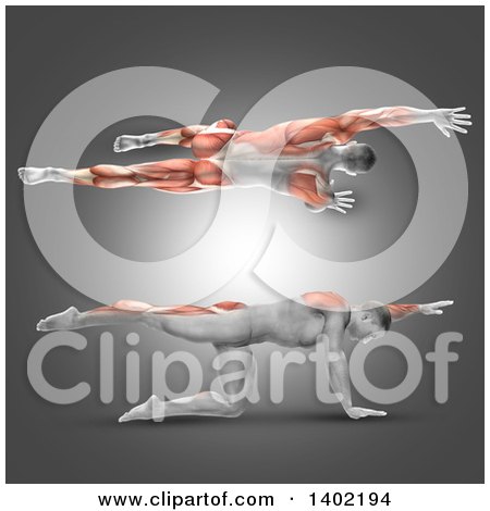 Clipart of a 3d Fit Man Shown Stretching from Above and in Profile, One Arm Stretched Forward and One Leg Out, with Visible Muscles, on a Gray Background - Royalty Free Illustration by KJ Pargeter