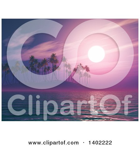 Clipart of a 3d Tropical Island Sunset in Purple Tones - Royalty Free Illustration by KJ Pargeter