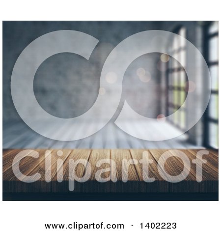 Clipart of a Blurred Industrial Warehouse Loft Interior with a 3d Wood Counter or Bar - Royalty Free Illustration by KJ Pargeter
