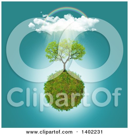 Clipart of a 3d Tree Growing on a Glassy Planet with Clouds, Rain, a Rainbow and Sunshine - Royalty Free Illustration by KJ Pargeter