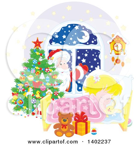 Clipart of a Santa Clause Outside of a Window, with a Blond Caucasian Girl Sleeping on Christmas Eve - Royalty Free Vector Illustration by Alex Bannykh