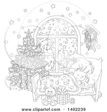 Clipart of a Black and White Lineart Santa Clause Outside of a Window, with a Girl Sleeping on Christmas Eve - Royalty Free Vector Illustration by Alex Bannykh