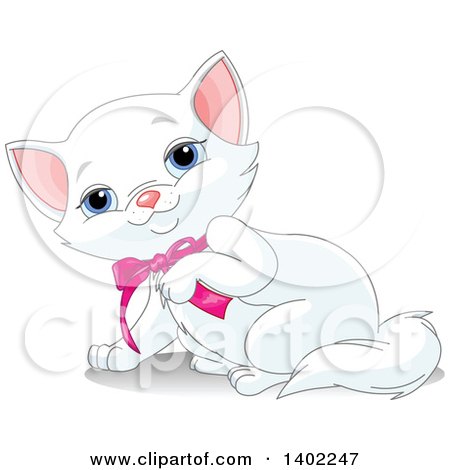 Clipart of a Cute Blue Eyed White Kitty Cat Wearing a Pink Bow and Lifting a Paw - Royalty Free Vector Illustration by Pushkin