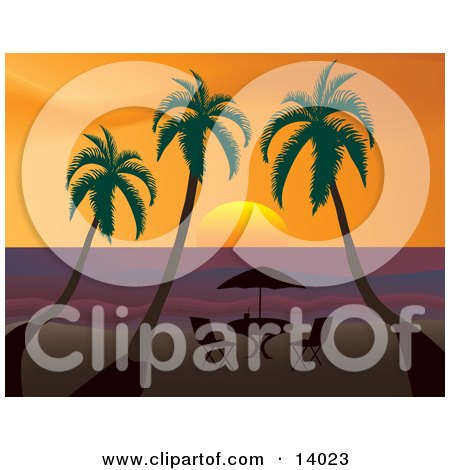 Royalty-Free Travel Clipart Picture Of A Table With An Umbrella Silhouetted On A Beach Under Three Palm Trees At Sunset Clipart Illustration by Rasmussen Images
