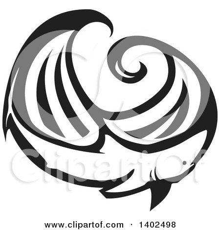 Clipart of a Black and White Woodcut Shark and Waves - Royalty Free Vector Illustration by xunantunich