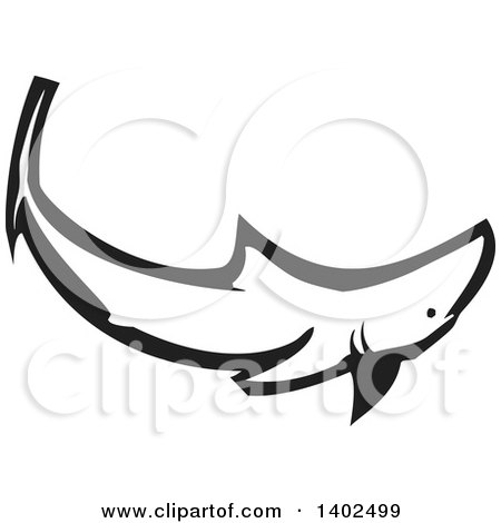 Clipart of a Black and White Woodcut Diving Shark - Royalty Free Vector Illustration by xunantunich