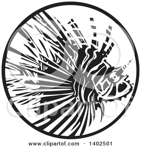 Clipart of a Black and White Woodcut Lionfish in a Circle - Royalty Free Vector Illustration by xunantunich
