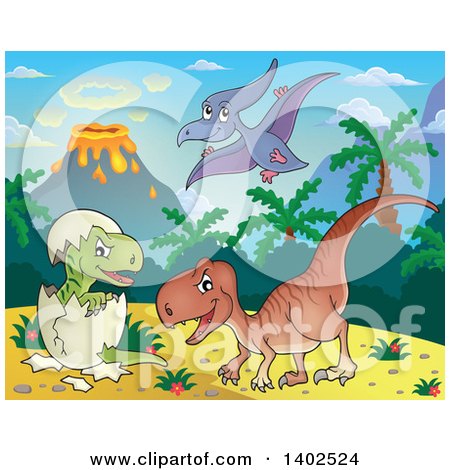 Clipart of Dinosaurs in a Volcanic Landscape - Royalty Free Vector Illustration by visekart