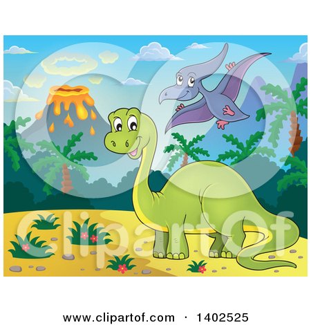 Clipart of Apatosaurus and Pterodactyl Dinosaurs in a Volcanic Landscape - Royalty Free Vector Illustration by visekart