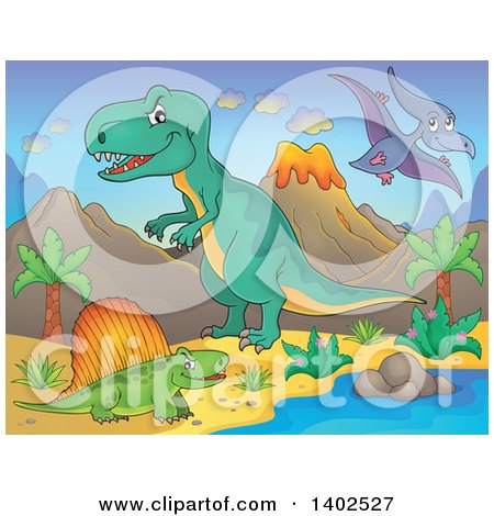 Clipart of Dinosaurs in a Volcanic Landscape - Royalty Free Vector Illustration by visekart