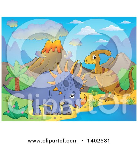 Clipart of a Triceratops Dinosaur and Parasaurolophus in a Volcanic Landscape - Royalty Free Vector Illustration by visekart