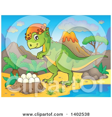 Clipart of a Pachycephalosaurus Dinosaur and Nest of Eggs by a Volcano - Royalty Free Vector Illustration by visekart