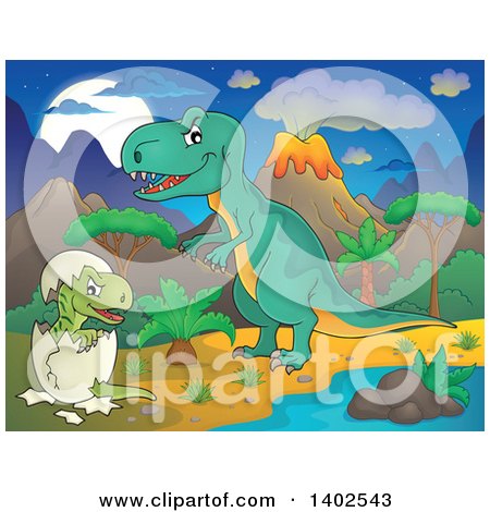 Clipart of a Tyrannosaurus Rex Dinosaur and Hatching Baby in a Volcanic Landscape at Night - Royalty Free Vector Illustration by visekart