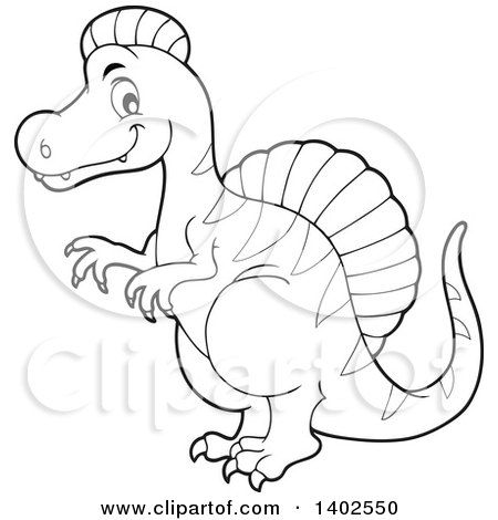 Clipart of a Black and White Lineart Spinosaurus Dinosaur - Royalty Free Vector Illustration by visekart
