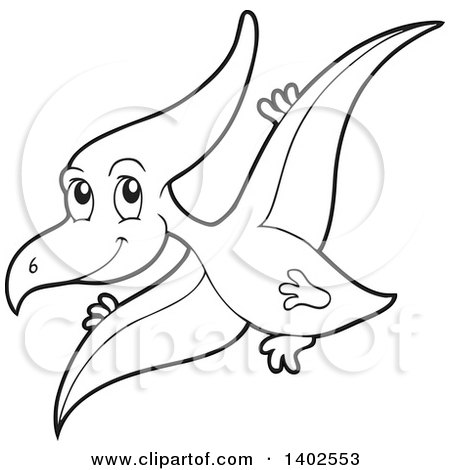 Clipart of a Black and White Lineart Flying Pterodactyl Dinosaur - Royalty Free Vector Illustration by visekart