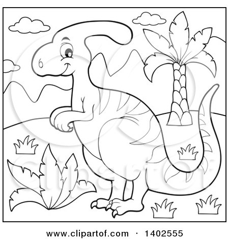 Clipart of a Black and White Lineart Parasaurolophus Dinosaur - Royalty Free Vector Illustration by visekart