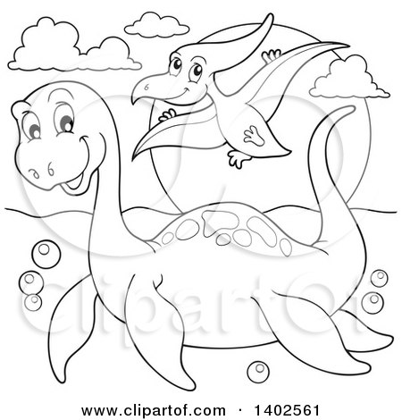 Clipart of Black and White Lineart Pliosaur and Pterodactyl Dinosaurs - Royalty Free Vector Illustration by visekart