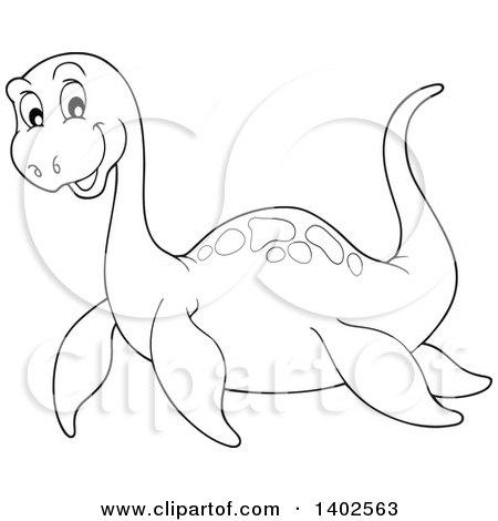 Clipart of a Black and White Lineart Cute Pliosaur Dinosaur - Royalty Free Vector Illustration by visekart