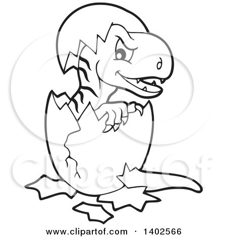 Clipart of a Black and White Lineart Hatching Raptor Dinosaur - Royalty Free Vector Illustration by visekart
