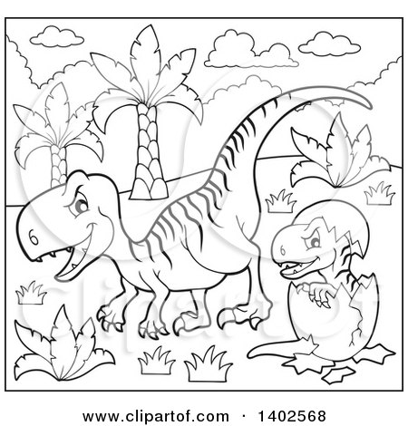 Clipart of a Black and White Lineart Raptor Dinosaur and Hatching Baby - Royalty Free Vector Illustration by visekart